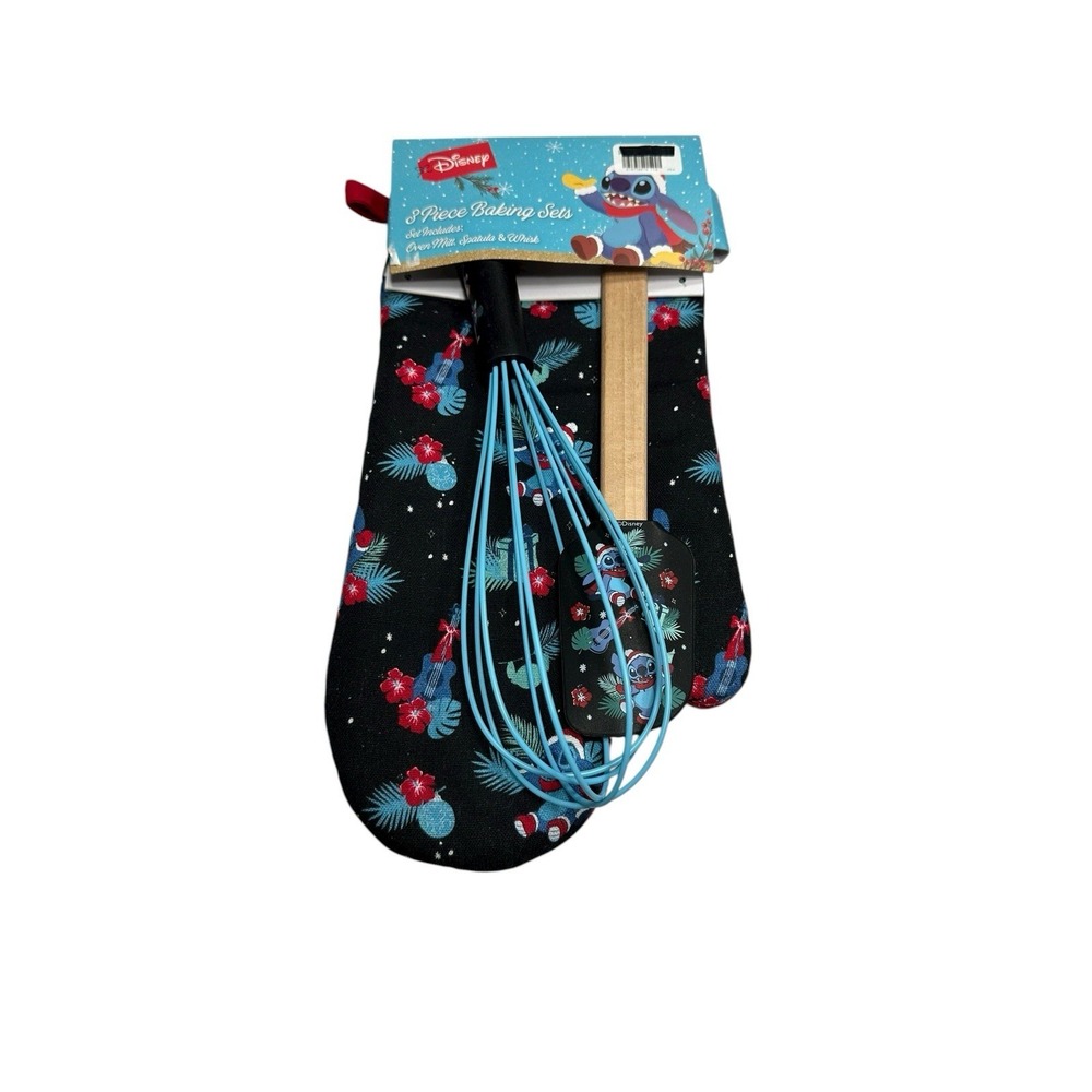 disney 3 piece kitchen baking‎ set oven mitt spatula whisk STITCH christmas
